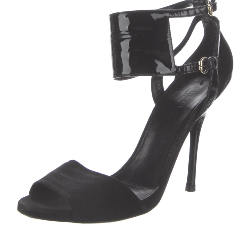 Gucci black patent and suede heel sandals size 7.5